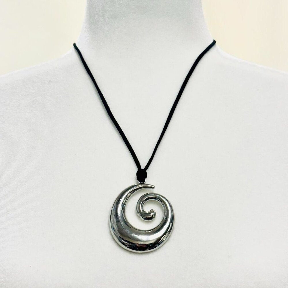 Silver tone spiral pendant necklace with black cord